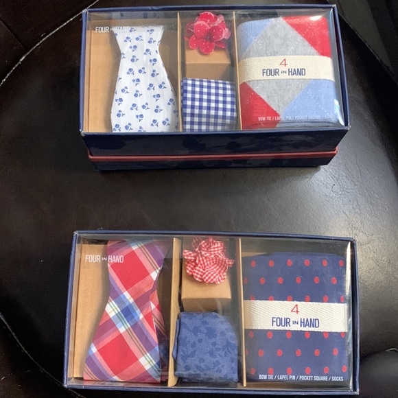 Mens 4 in Hand Bow Tie, Lapel Pin, Pocket Square and Socks Set - Picture 2 of 6